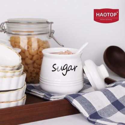 HAOTOP Ceramic Sugar Bowl with Lid and Spoon, 12oz Sugar Jar Sugar Dispenser Sugar Container Coffee Bar Accessories, Kitchen Countertop Canisters, White