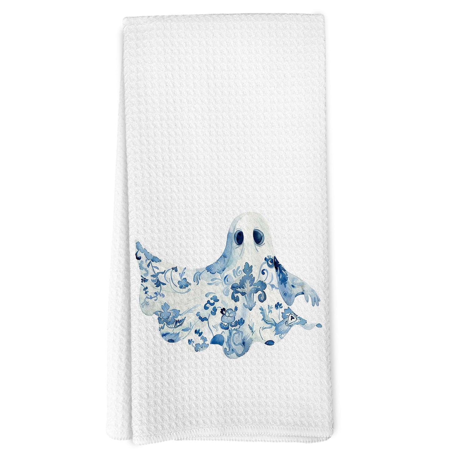 EGBTL Chinoiserie Halloween Ghost Kitchen Towels, Blue and White Chinoiserie Floral Ghost Hand Towels for Bathroom Decor, Grand Millenial Halloween Dishcloths Dish Towel for Kitchen 16x24 Inches