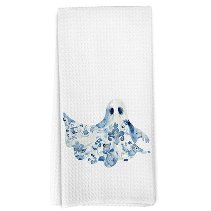 EGBTL Chinoiserie Halloween Ghost Kitchen Towels, Blue and White Chinoiserie Floral Ghost Hand Towels for Bathroom Decor, Grand Millenial Halloween Dishcloths Dish Towel for Kitchen 16x24 Inches