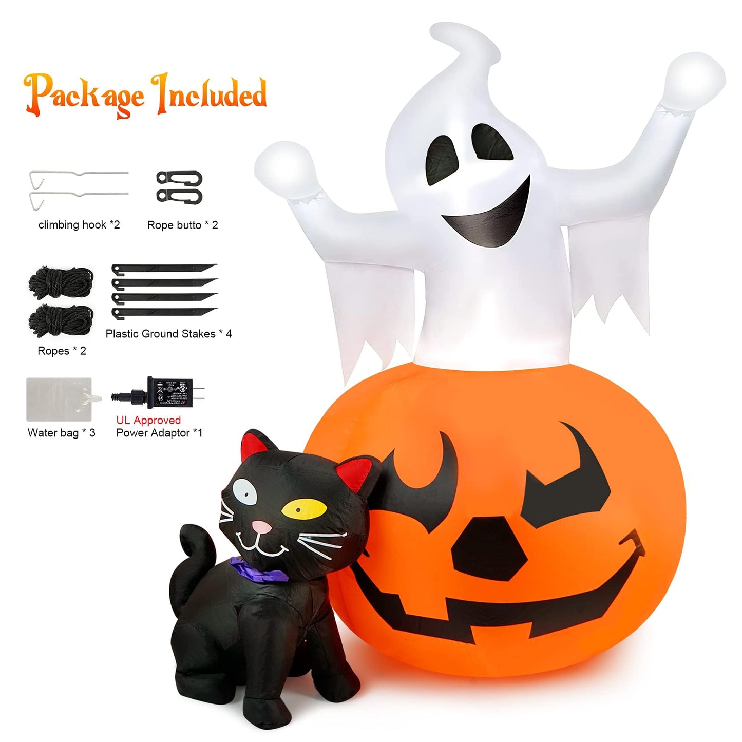 5 FT Halloween Inflatables Outdoor Spooky Pumpkin and Witch' s Black Cat Combo Inflatable Decor, Halloween Blow Up Yard Decorations Clearance with Build-in LED Lights, Halloween Outdoor Decorations