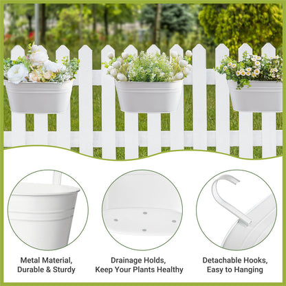 Dahey 10.5 Inch Metal Iron Hanging Flower Pots for Railing Fence Hanging Bucket Pots Countryside Style Outdoor Planter Window Flower Plant Holder with Detachable Hooks Home Decor,White,4 Pcs