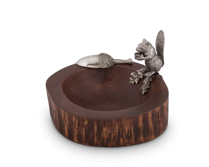 Vagabond House Wood Nut/Candy Bowl with Standing Pewter Squirrel and Metal Pewter Scoop 8 inch Diameter