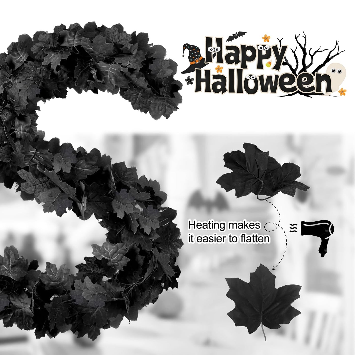 Joyhalo 2 Pack Halloween Garland, 5.7FT Black Leaf Garland for Mantle, Artificial Hanging Black Maple Leaves Vines, Spooky Halloween Outdoor Floral, Haunted Mansion, Fireplace, Fall Decor