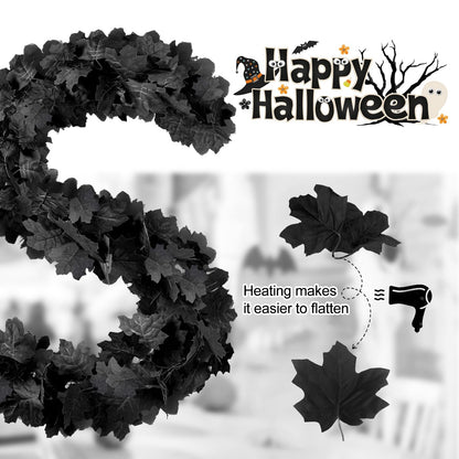 Joyhalo 2 Pack Halloween Garland, 5.7FT Black Leaf Garland for Mantle, Artificial Hanging Black Maple Leaves Vines, Spooky Halloween Outdoor Floral, Haunted Mansion, Fireplace, Fall Decor