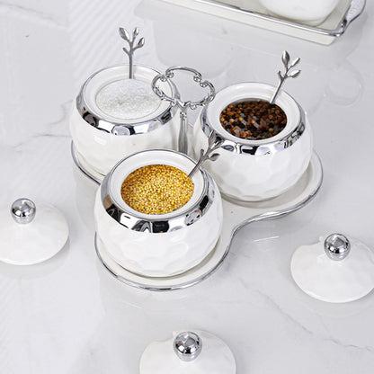 YMYL Set of 3 Porcelain Condiment Pot Sugar Bowl with Lid, Spoon and Tray, Modern Ceramic Seasoning Jars Salt Container for Home Kitchen, Restaurant, Coffee Bar (White)