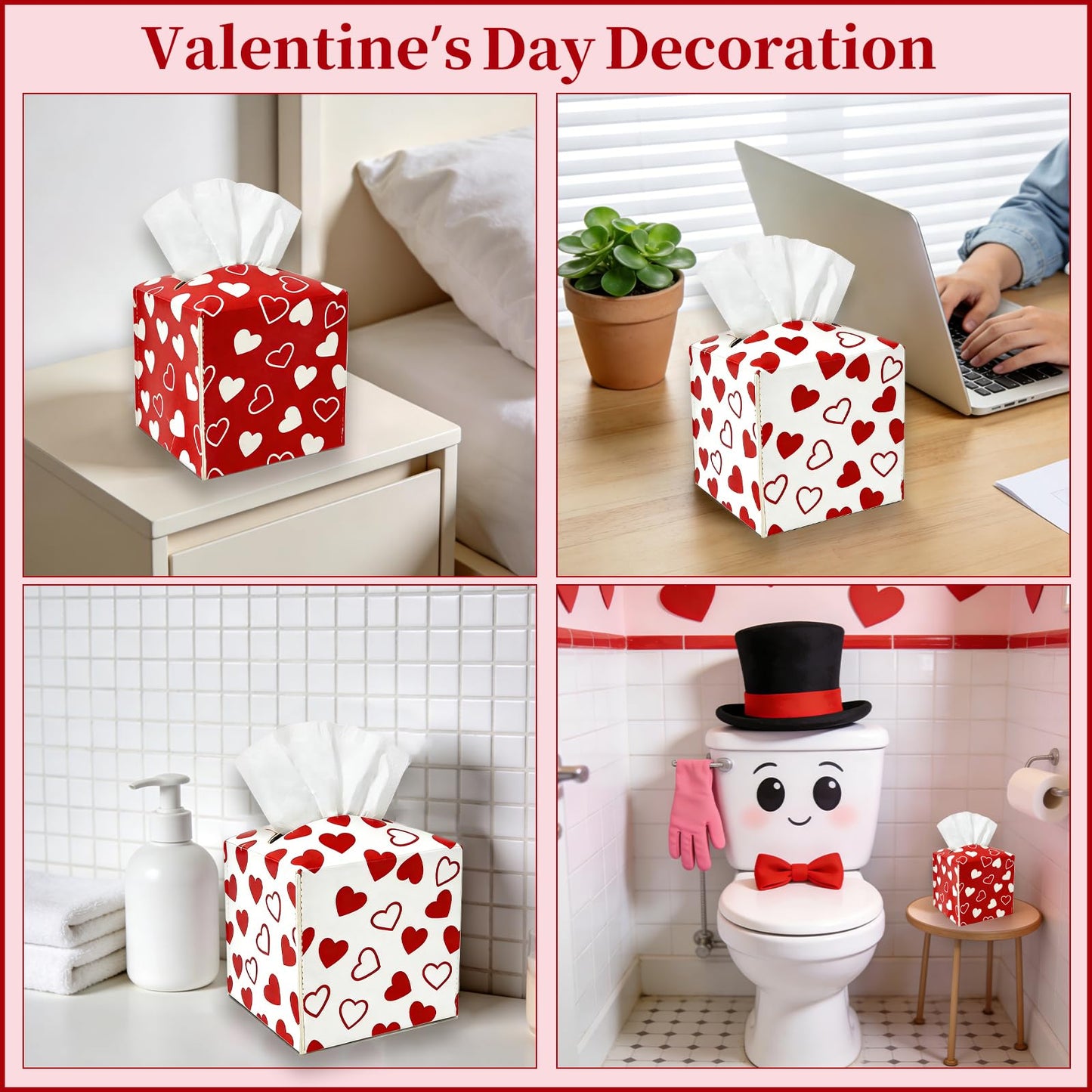 2 Pieces Valentine's Day Tissue Box Covers Red Heart PU Leather Tissue Box Cover Square Tissue Box Cover Holder for Home Bathroom Bedroom Office Table