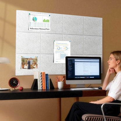 MISSDAY Light Grey Acoustic Wall Panel Large Felt Bulletin Board 48" x 36" Cork Board for Wall, 12-Pack Boards with 72 Adhesive Tabs, 50 Pins, Pin Board for Home Office Classroom Soundproof Wall Tile