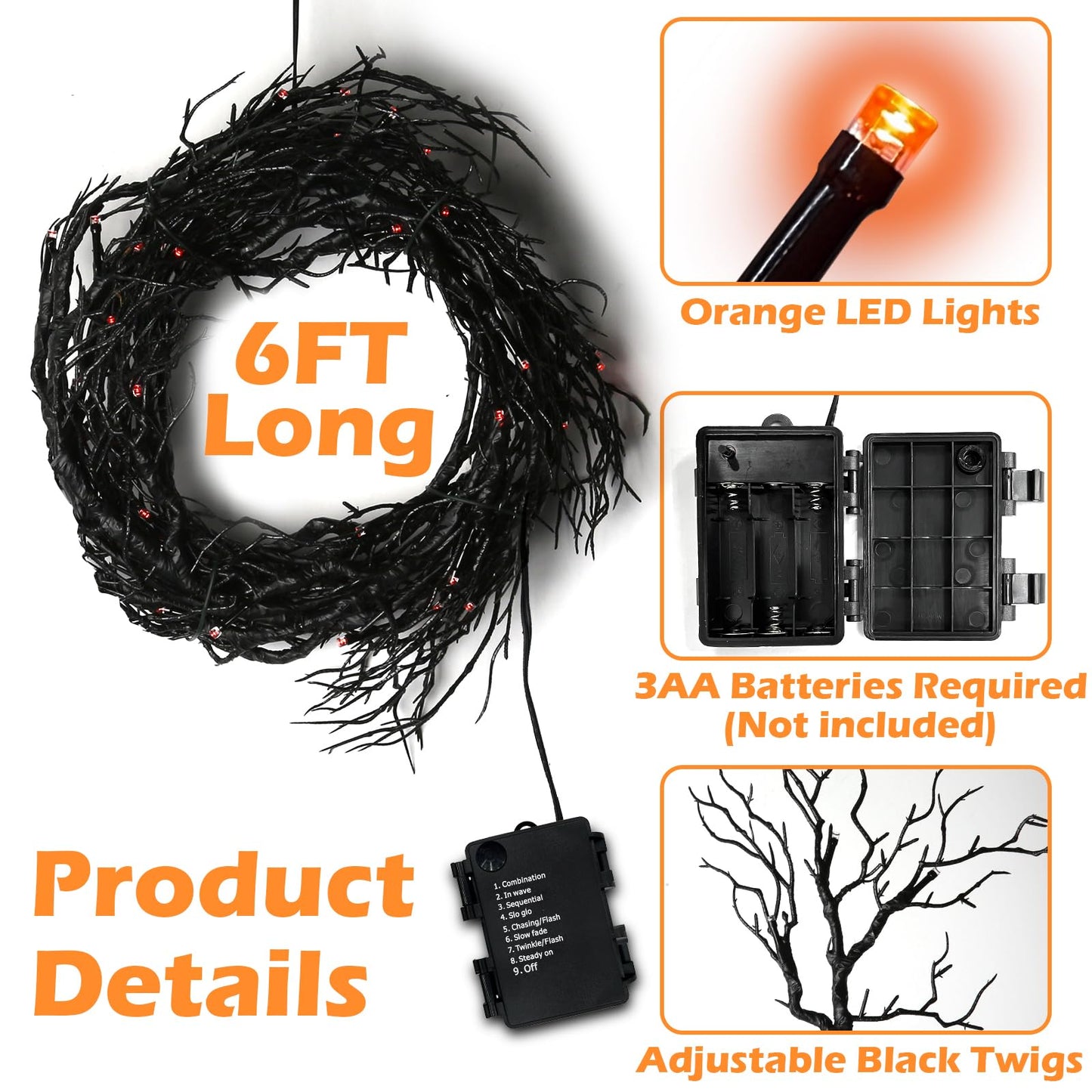 [ 8 Modes & Timer ] 6 Ft 45 LED Halloween Willow Vine Twig Garland Decorations with Orange Lights, Halloween Garland with Battery Operated Waterproof for Home Indoor Wall Fireplace Mantle Decor