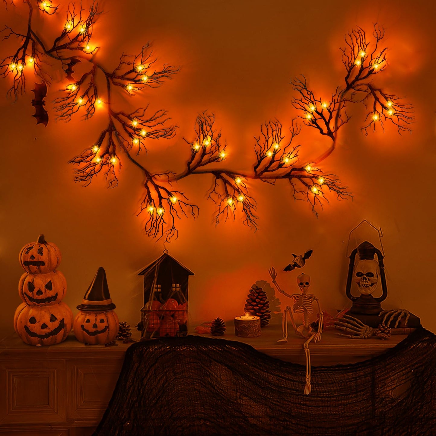 [ 8 Modes & Timer ] 6 Ft 45 LED Halloween Willow Vine Twig Garland Decorations with Orange Lights, Halloween Garland with Battery Operated Waterproof for Home Indoor Wall Fireplace Mantle Decor