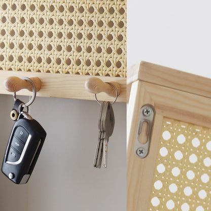 FRIADE PE Rattan Key Holder with 4 Key Hooks ,Wall Mounted Decorative Floating Shelf for Entryway,Nursery,Mudroom, Hallway, Office (Burlywood)
