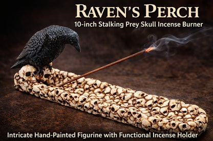 F.E.S.S. Raven Skull Incense Burner Statue – 10 Inch Gothic Resin Figurine with Raven Perched on Skull, Functional Incense Holder for Home, Office & Altar Decor