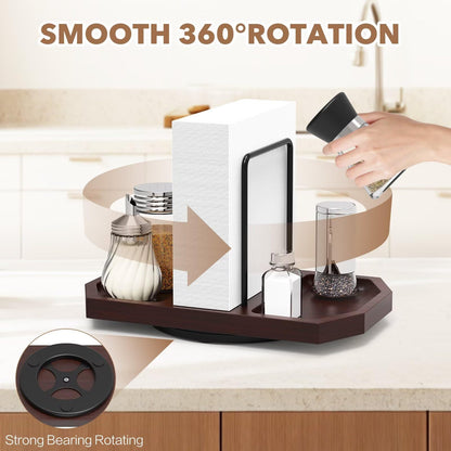 FODIENS Napkin Holder for Table, Rotating Napkin Dispenser with Salt and Pepper Shakers Storage, Standing Paper Napkin Organizer for Kitchen Dining Table Decor (1, Brown)