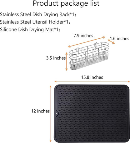 NiuYichee Stainless Steel Dish Drying Rack(15"L X 11"W X 4.1"H), Expandable Fruit & Vegetable Drain Rack over Sink, Dish Drainer Rack in Sink, with Stainless Steel Utensil Holder & Silicone Mat(16")