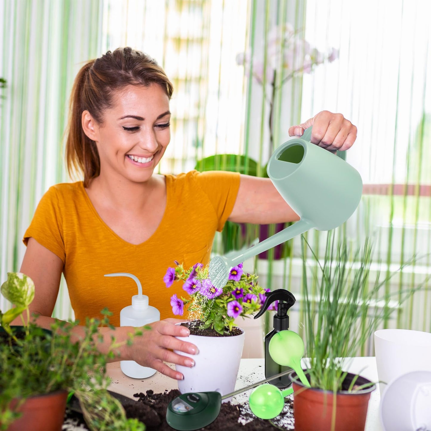 Reallnaive 6 Pcs Indoor Watering Can Set 1/2 Gallon Can 6.8 oz Spray Bottle 17 oz Squeeze Bottle Plant Watering Globes Soil Moisture Meter Small Spraying Set for Indoor Outdoor Plants(Mint Green)