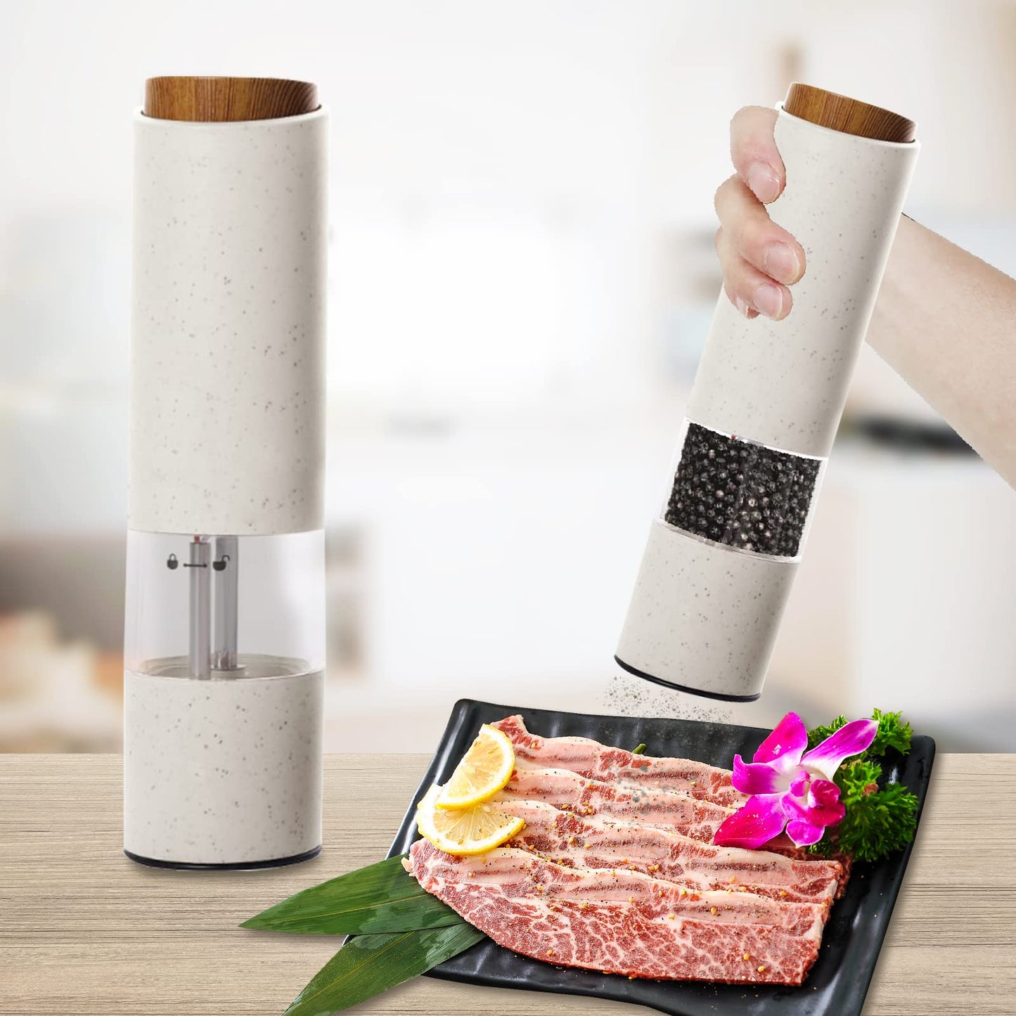 AmaCielo Electric Salt and Pepper Grinder, Pepper Grinder Set 2pcs, Wheat Straw Eco-friendly Material Automatic Pepper Salt Grinder, Adjustable Roughness, One Hand Operation