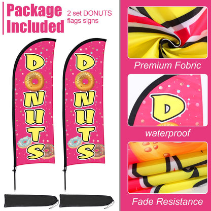 Buryeah 2 Sets Donuts Feather Flag Pole Kit 7 ft Donuts Advertising Flag Sign Banner with Flagpole Ground Stake Portable Bag for Diner Restaurant Business Outdoor Advertising
