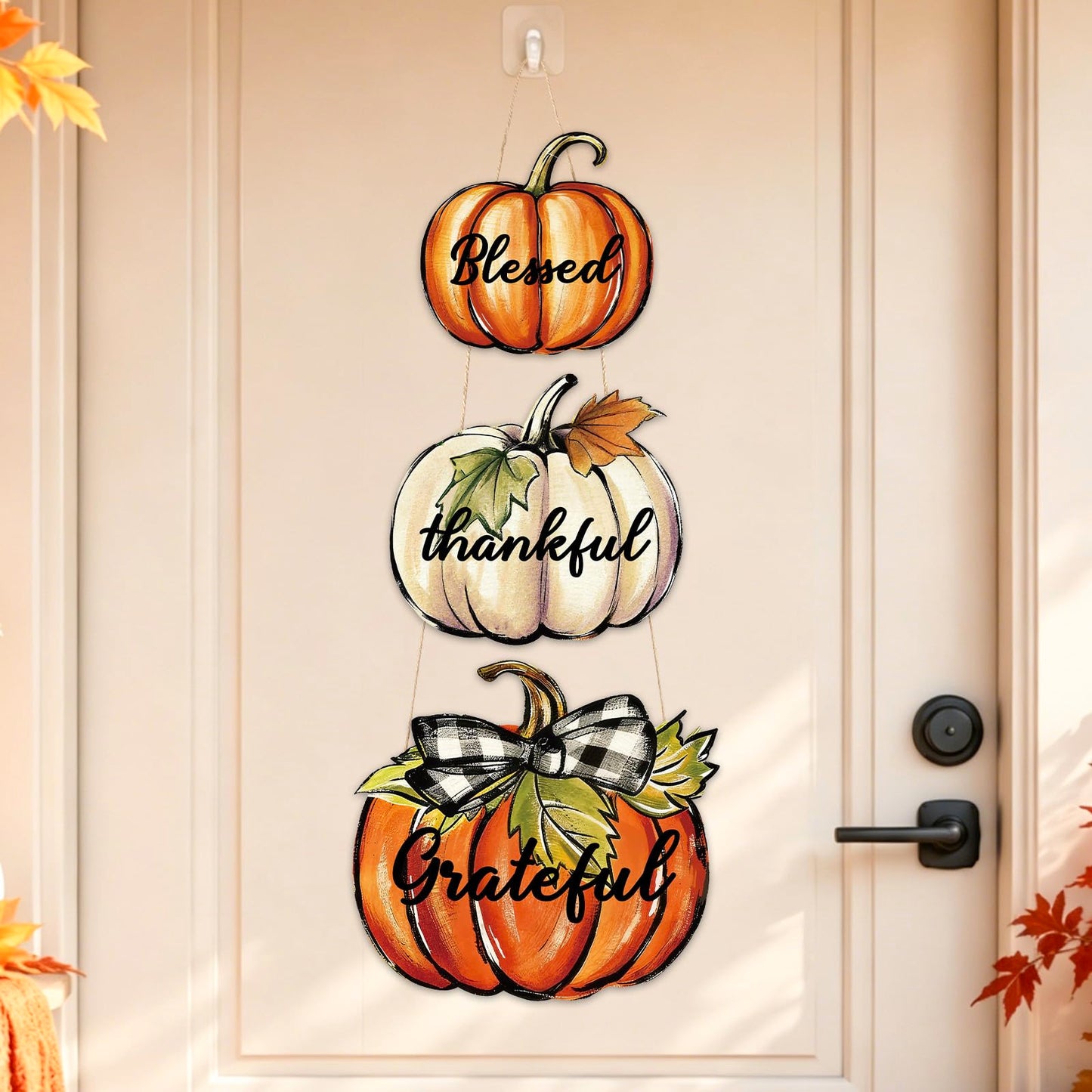 AnyDesign Fall Wooden Hanging Door Sign Thanksgiving Party Decoration Rustic Pumpkin Wood Plaque Ornament Pre-Assembled with DIY Bow Leaves for Autumn Front Door Wreath Porch