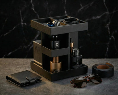 Aurenzo Cologne Organizer for Men, 3 Tier Black Wood Perfume Display Stand with 360° Rotate Base, Mens Cologne and Jewelry Organizer Shelf for Bathroom Countertop Storage & Nightstand, Gift for Men