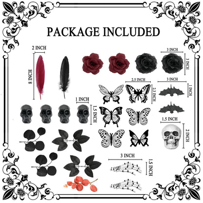 Ylapagne Gothic Cake Decorations, 26PCS Halloween Black Cake Topper with Red Black Rose, Skull, Feather, Ghost Hand, Butterfly Cupcake Toppers for Wedding, Birthday, Wizard Party