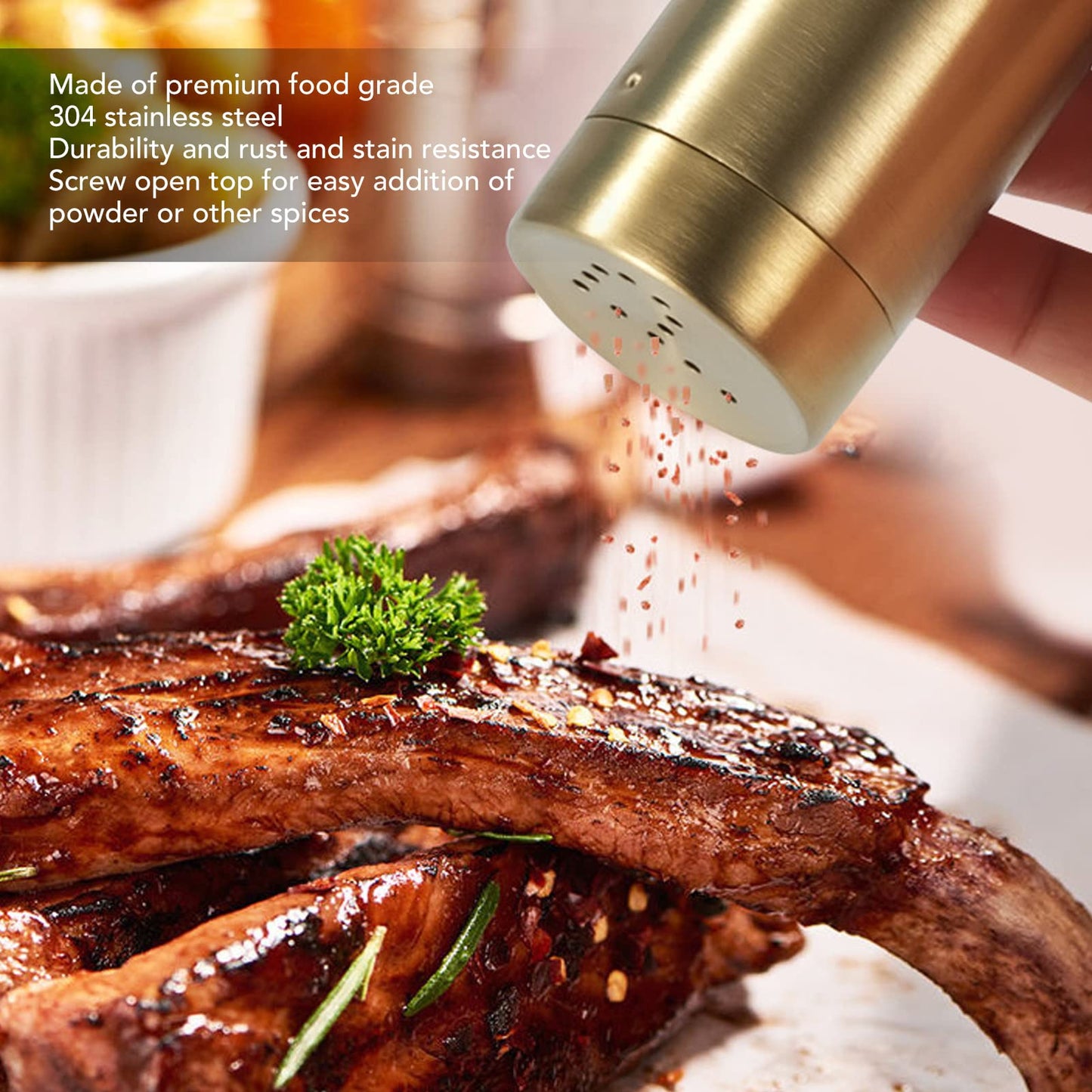Stainless Steel Gold Spice Jars - 2 Pcs Rustproof Screw Top Seasoning Shaker Bottle for Salt, Sugar, Pepper, Paprika