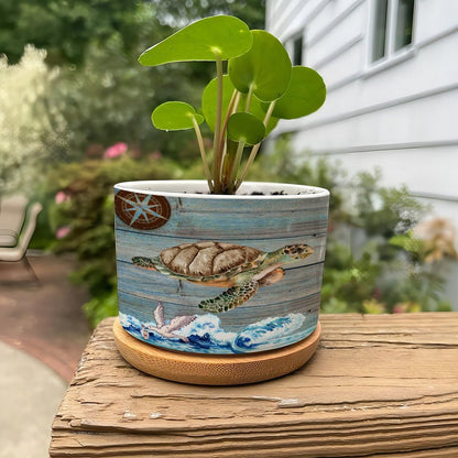 DreamAutumn Ocean Theme Sea Turtle Ceramic Pots for Plants with Drainage Holes Round Flower Pot Bamboo Tray Orchid Pot Succulents Pots for Outdoor Indoor Plants,Housewarming Gifts