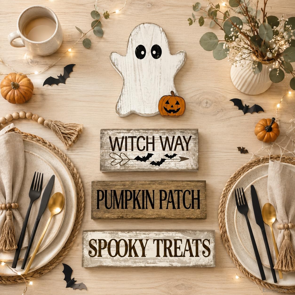 4 Pcs Halloween Table Decorations Wooden Ghost Tiered Tray Decor Farmhouse Rustic Block Signs Cute Pumpkin Tabletop Centerpiece for Home Office Mantel Kitchen Shelf