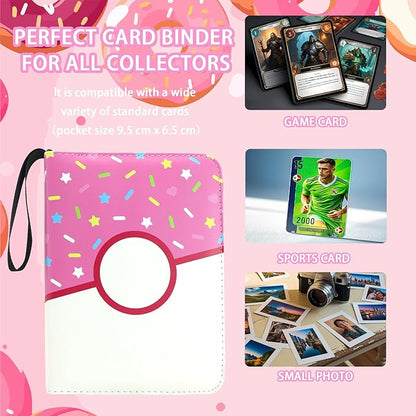 4 Pocket Card Binder 400 Card Holder Album, Pink Donut Trading Cards Holder Zipper Binder for Girl Teen Collection (Pink Donut, 400 Pocket)