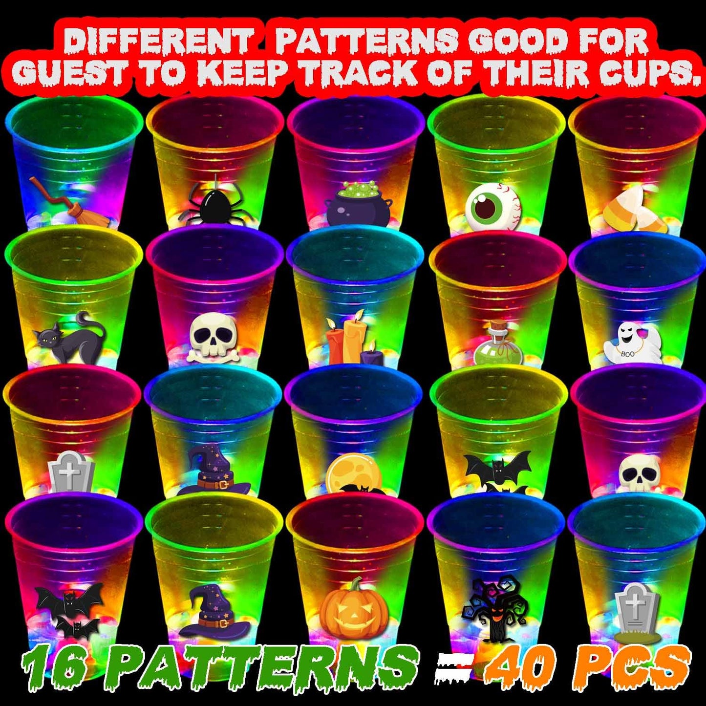 mishunyus 40 Pcs Glow in The Dark Halloween Party Cups - Pumpkin Bat Ghost Theme, Plastic Drinkware for Adults Party Supplies