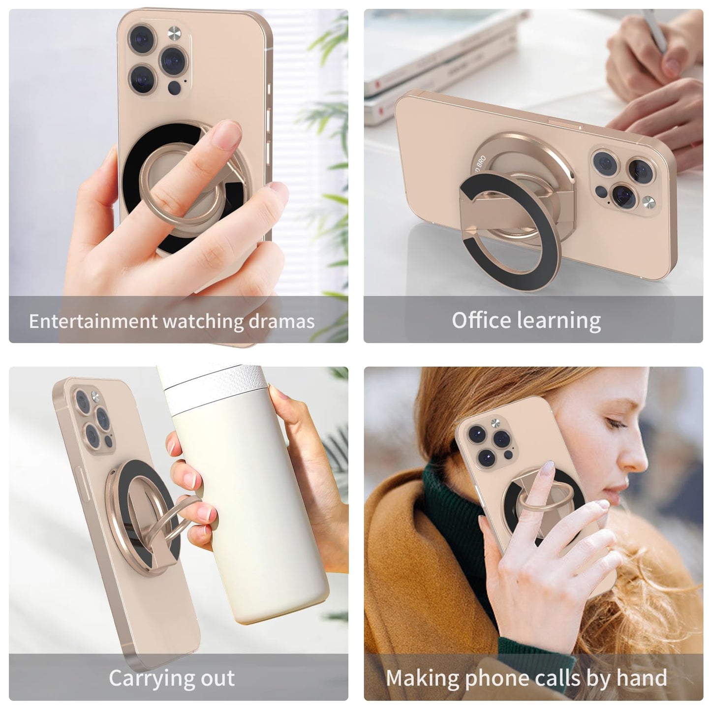 RESPECTED BRO-Magnetic-Phone-Ring-Holder with Dual Rings, Compatible with iPhone 17/16/15/14/13/12, Multifunctional Stand for Office, Gym, Kitchen & All Metal Surfaces, Finger Loop Grip (Desert Gold)