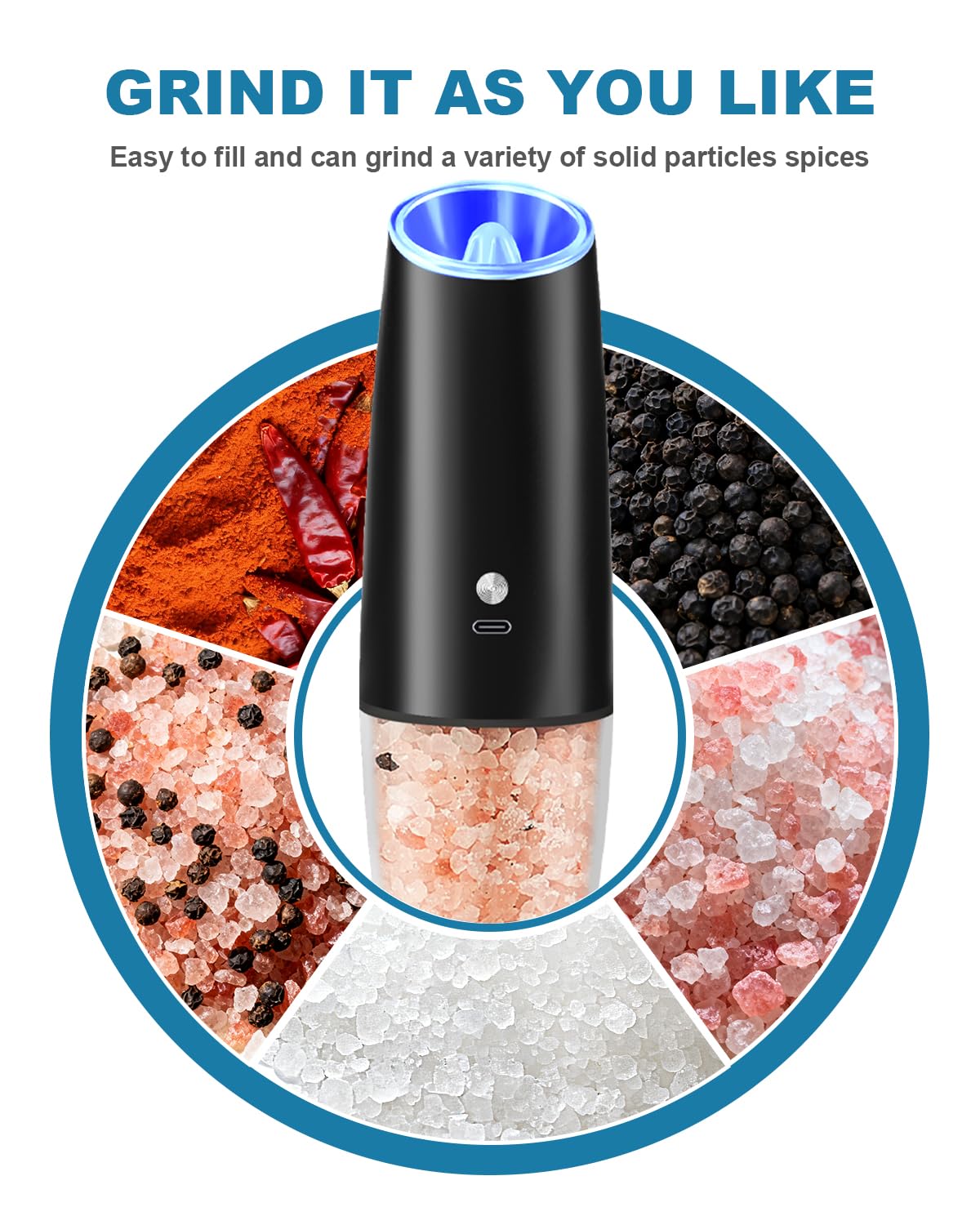 GVUHR Rechargeable Salt and Pepper Grinder Set，2 Intelligent Electric Grinders with Cleaning Brush，2 USB Charging Cables,Black Pepper and Salt Grinder Refillable