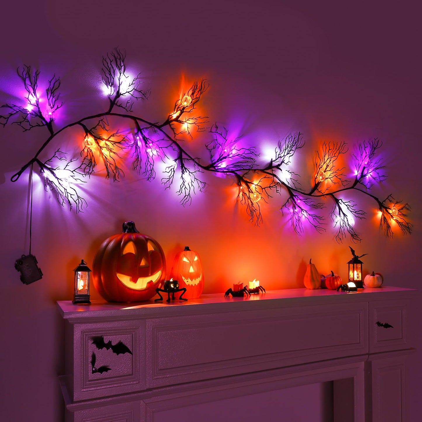 Joyhalo Halloween Garland with Lights Decorations with Pumpkin & Bat & Ghost Lights,Battery Operated 6FT 45 LED Halloween Willow Vine Twig Garland for Mantle,Wall,Fireplace and Halloween Decorations