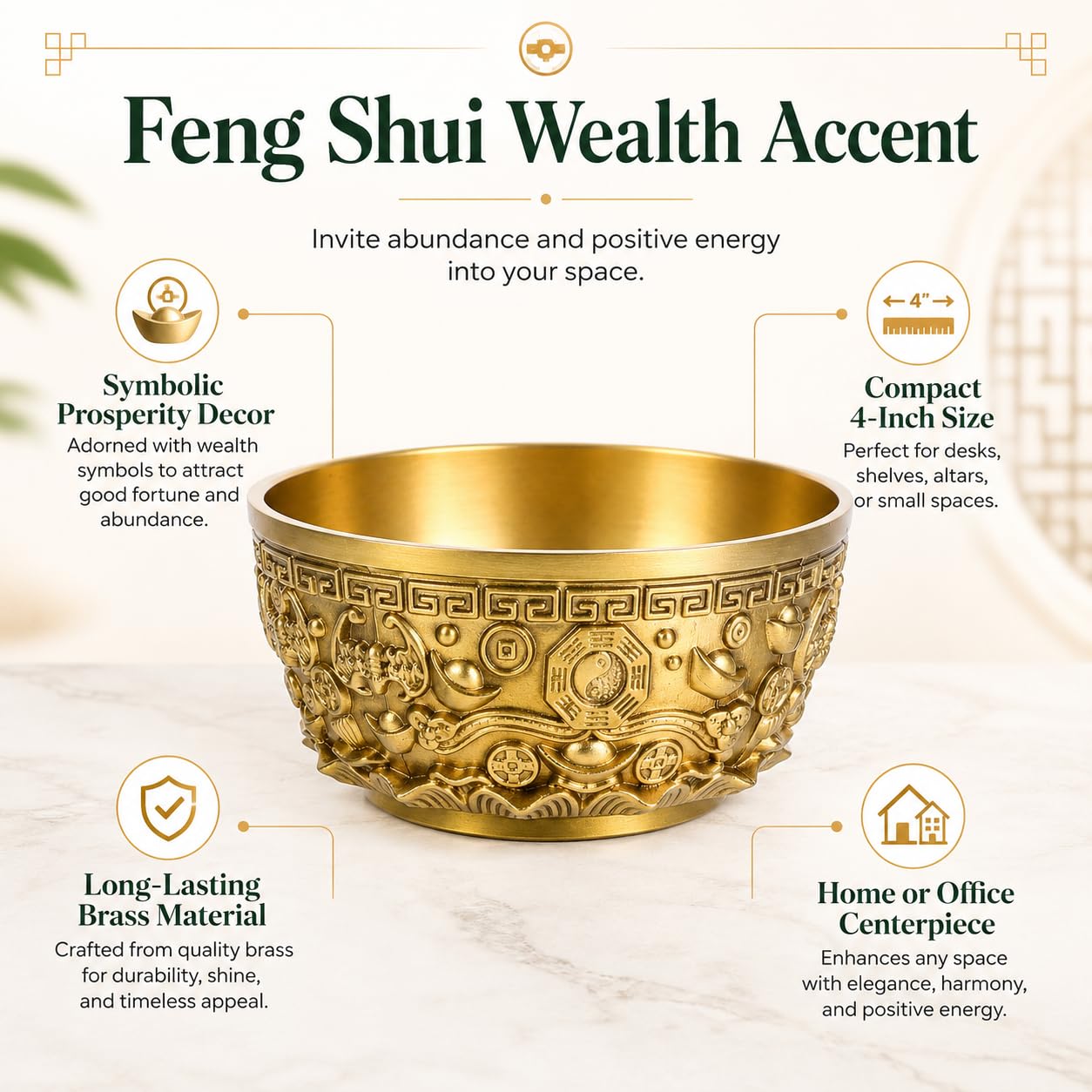 DECHOUS Brass Treasure Bowl 4 Inch Feng Shui Wealth Money Basin Decorative Chinese Style Golden Home Office Centerpiece