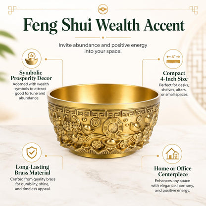 DECHOUS Brass Treasure Bowl 4 Inch Feng Shui Wealth Money Basin Decorative Chinese Style Golden Home Office Centerpiece