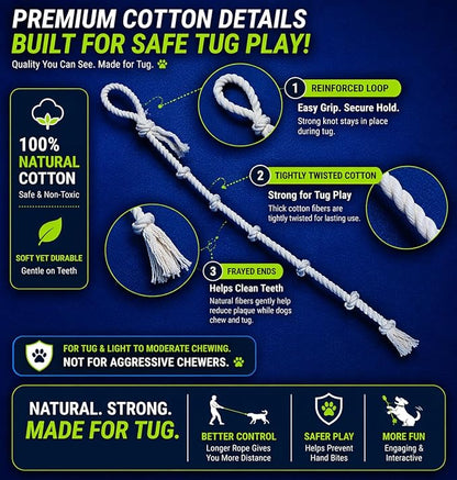 51" Extra Long Dog Rope Tug Toy with Loop Handle – 6-Knot Cotton Rope for Training, Tug-of-War & Interactive Play, Durable for Medium & Large Dogs, Indoor & Outdoor, Washable, White