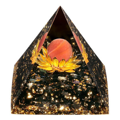 SUNYIK Crystal Sphere Orgone Pyramid with Black Obsidian Tumbled Stones and Golded Lotus Base Energy Generator for Meditation Office Home Decoration, Carnelian Stone