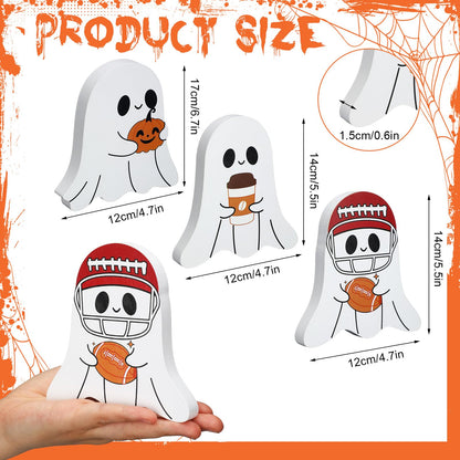 Geelin 3 Pcs Halloween Coffee Bar Ghost Decor Cute Halloween Kitchen Decorations Coffee Bar Wooden Tiered Tray Table Sign Football Pumpkin Tabletop Centerpiece for Home Office Freshly Shelf Display