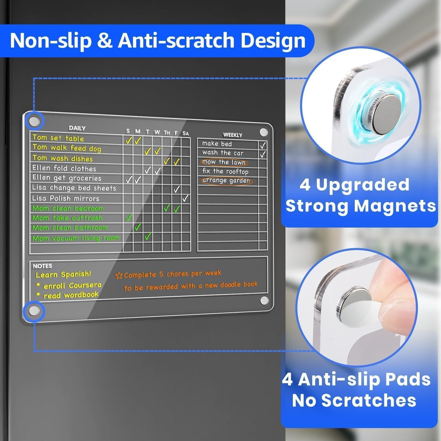 PigPotParty Acrylic Magnetic Chore Chart for Adults, 12x9.5 Inch Clear Dry Erase Chore Board for Fridge, Daily Weekly and Notes Sections, Pre-Installed Embedded Magnets, 8 Fine-tip Markers and Towel