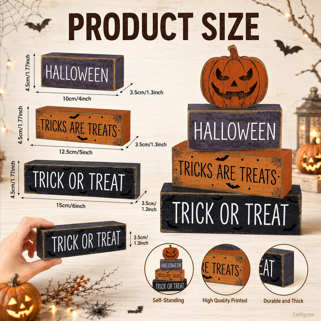 4 Pcs Halloween Decor, Trick or Treat Tiered Tray Decorations, Wooden Block Signs with Jack-O-Lantern, Tricks are Treats Farmhouse Rustic Table Centerpiece for Home Shelf Kitchen Coffee Bar