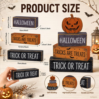 4 Pcs Halloween Decor, Trick or Treat Tiered Tray Decorations, Wooden Block Signs with Jack-O-Lantern, Tricks are Treats Farmhouse Rustic Table Centerpiece for Home Shelf Kitchen Coffee Bar