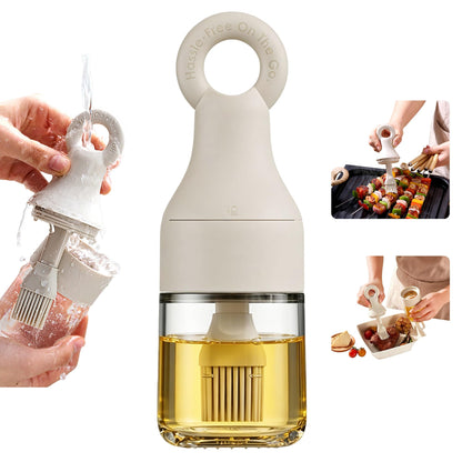 MMJ 2-in-1 Oil Dispenser with Brush, 150ml Glass Olive Oil Bottle with Silicone Basting Brush, Leak-Resistant Sauce Brush Bottle for BBQ, Baking, Grilling, Camping, White