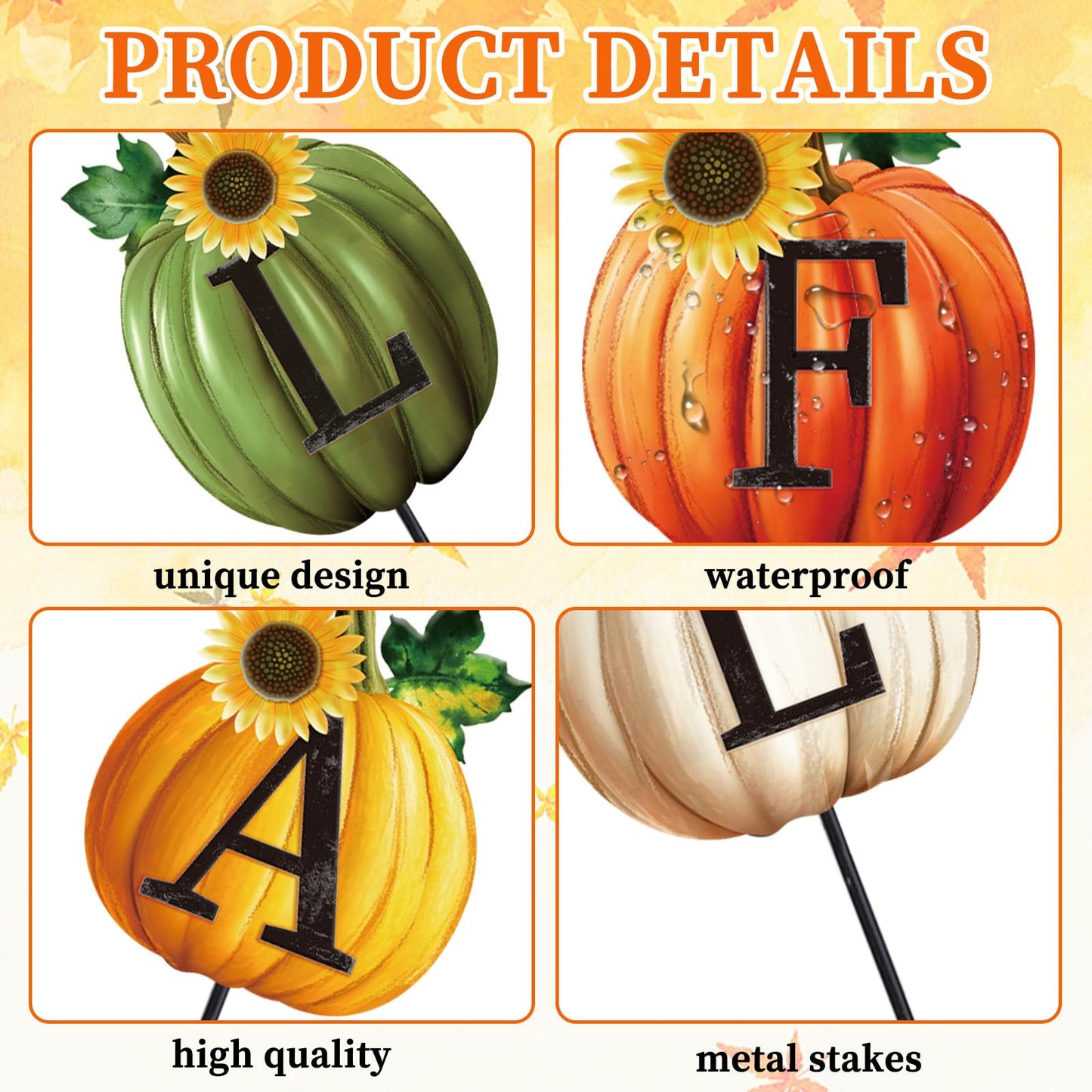 JarThenaAMCS Set of 4 Thanksgiving Pumpkin Metal Garden Stakes Fall Pumpkin Decorative Lawn Sign Seasonal Autumn Welcome Yard Sign for Harvest Home Outside Lawn Porch Decor