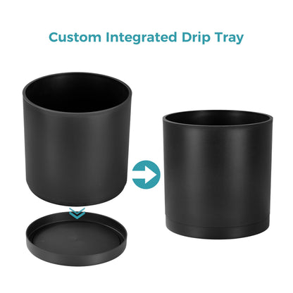 FaithLand 12-Inch Large Modern Cylinder Planter, Thick-Walled Plastic Plant Pot with Drainage Holes and Detachable Saucer, Matte Black, Ideal for Indoor & Outdoor Plants Flowers