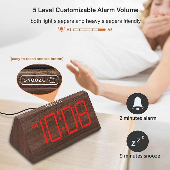 DreamSky Wooden Digital Alarm Clock for Bedrooms with Large Numbers | Electric Desk Clock, USB Port, Loud Alarm for Heavy Sleepers, Adjustable Volume, Dimmer, DST, Wood Décor Gifts, Plug in Clock