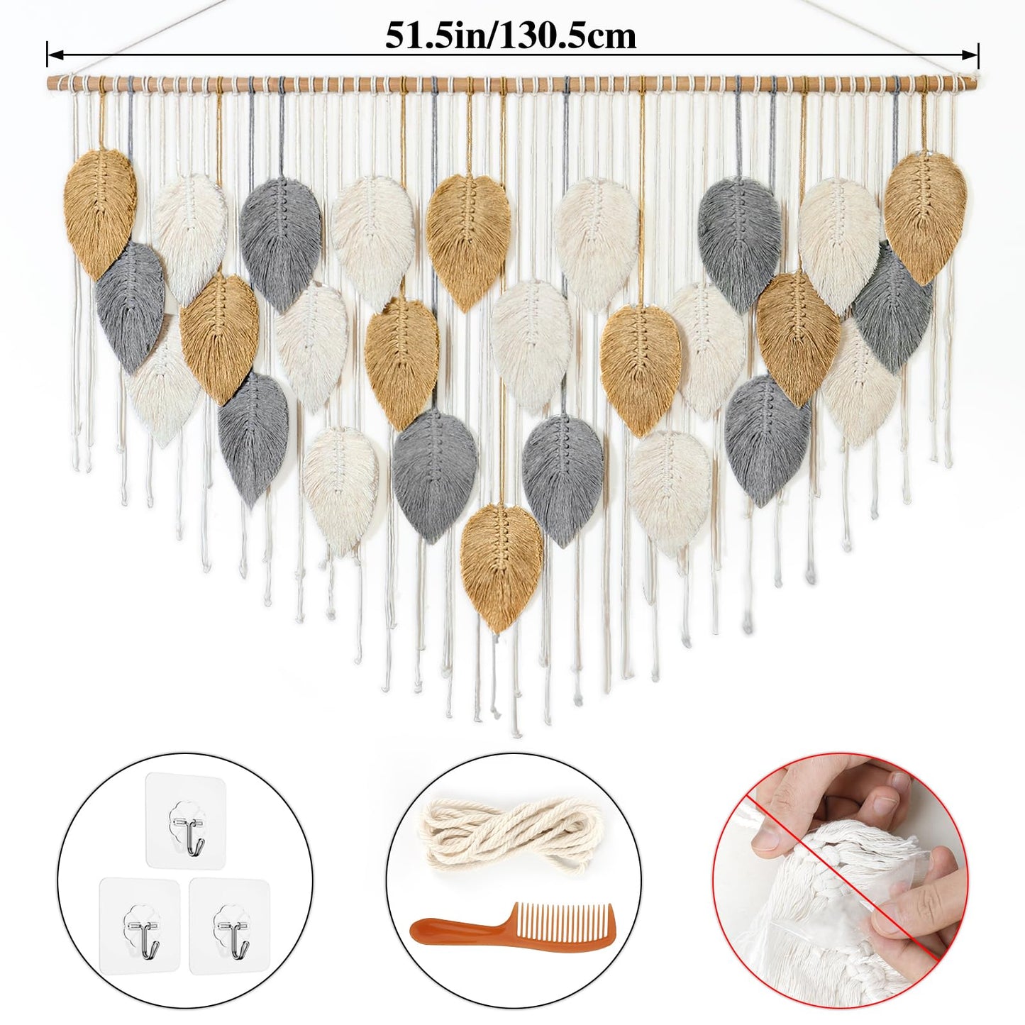 KHOYIME Large Macrame Wall Hanging Boho Woven Tapestry, Chic Modern Home Decor Bohemian Farmhouse Handmade Leaf Feather Wall Art Decorations for Living Room Bedroom Nursery Dorm Backdrop 51.5"W X 33.5"L