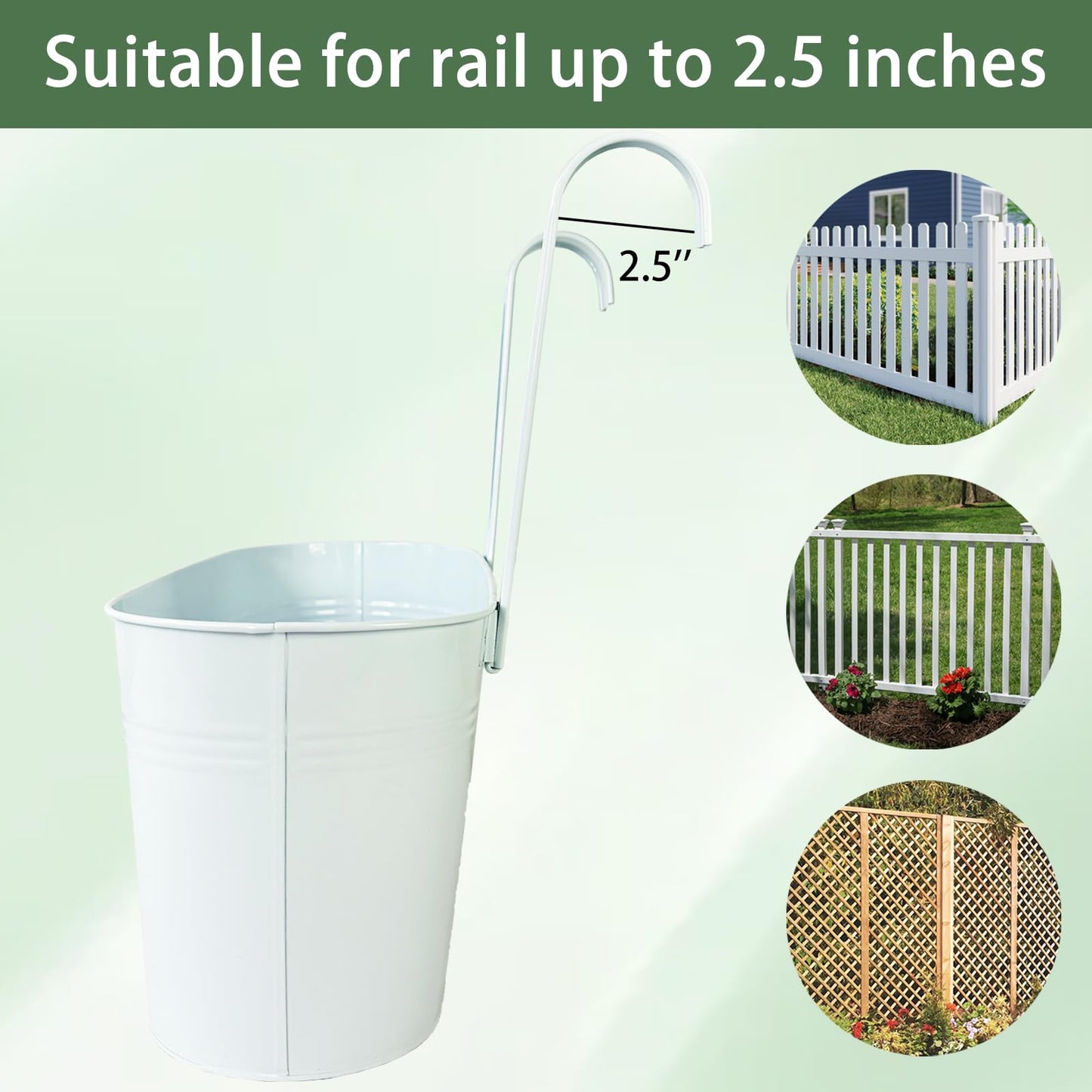 Joyfernal Hanging Planters for Outdoor Plants, 17" Railing Planter Pots, Metal Fence Flower Pot for Porch Balcony with Detachable Hook (White, Pack of 2)