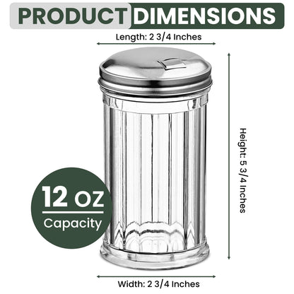 Great Credentials Retro Style Sugar Dispenser Pourer Shaker, Glass Jar with Stainless Steel Flap Lid, 12 oz, Set of 2