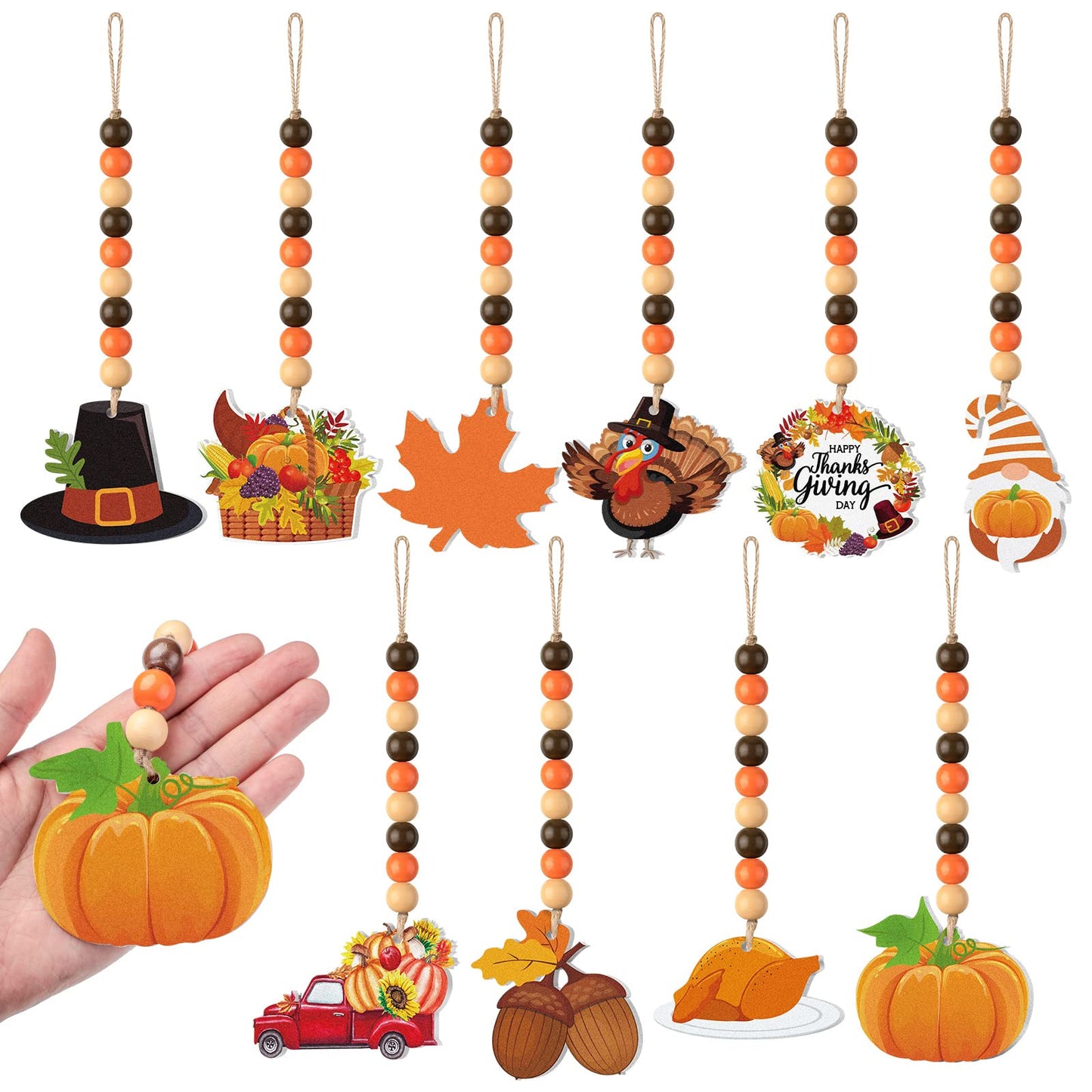Bucherry 10 Pcs Thanksgiving Wooden Bead Ornaments Fall Wood Bead Hanging Decorations Pumpkin Maple Leaf Turkey Gnome Beaded Garland Decor for Autumn Harvest Party Farmhouse Tiered Tray Ornaments