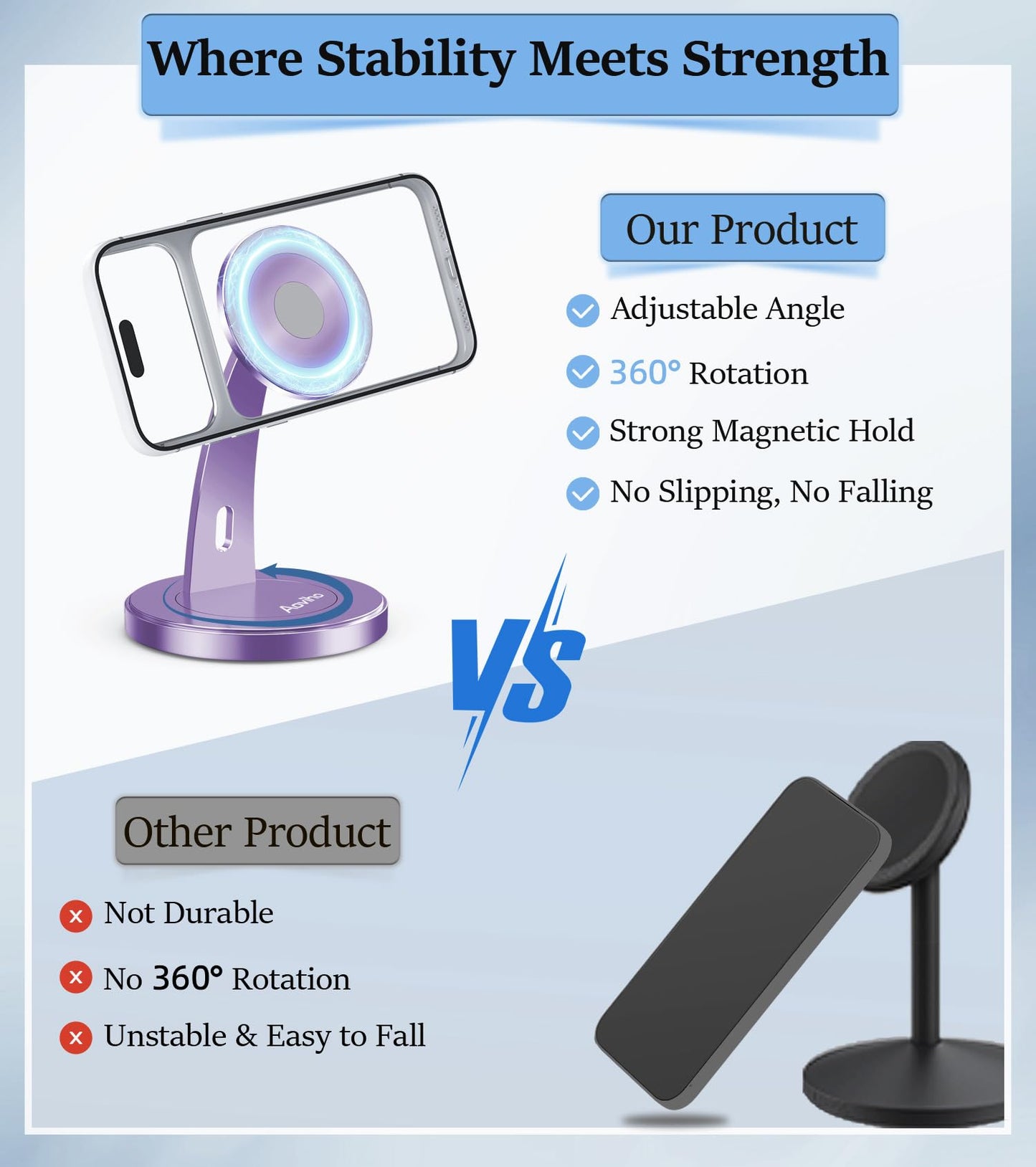 Aoviho Magnetic Phone Stand for Desk – 360° Rotating Aluminum Phone Holder, Stable Desk Stand for Office, Home & Kitchen, Compatible with iPhone 17 Pro Max 16–12 Series and MagSafe Cases, Purple