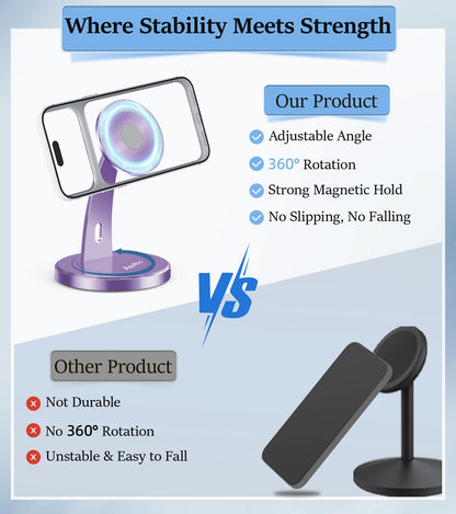 Aoviho Magnetic Phone Stand for Desk – 360° Rotating Aluminum Phone Holder, Stable Desk Stand for Office, Home & Kitchen, Compatible with iPhone 17 Pro Max 16–12 Series and MagSafe Cases, Purple