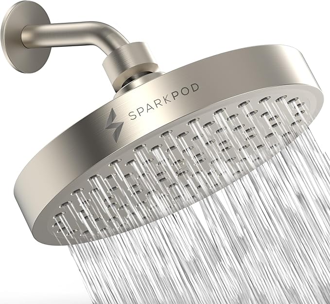 SparkPod Rain Shower Head, 6 Inch Round | High Pressure Shower Heads, 90 Nozzle (Touch-to-Clean), Adjustable Showerhead, No-tool Universal Connection